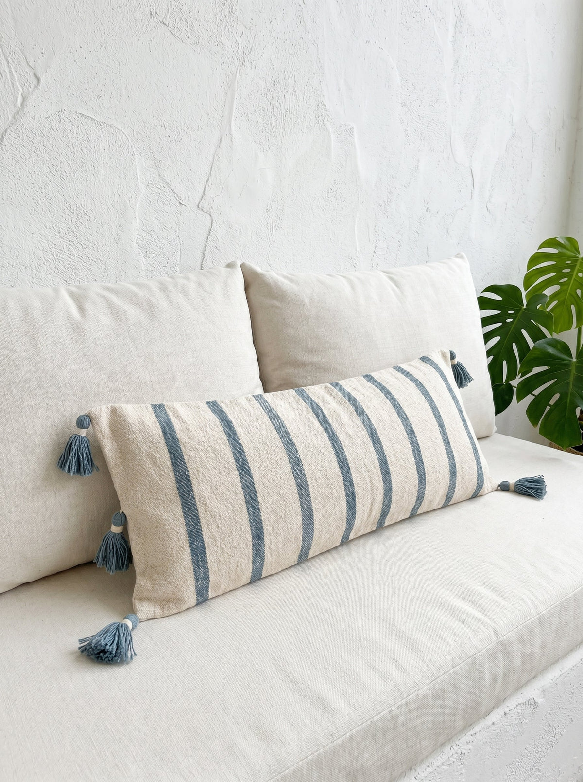 Blue Striped Rectangle Cotton Cushion Cover with Tassel Detailing