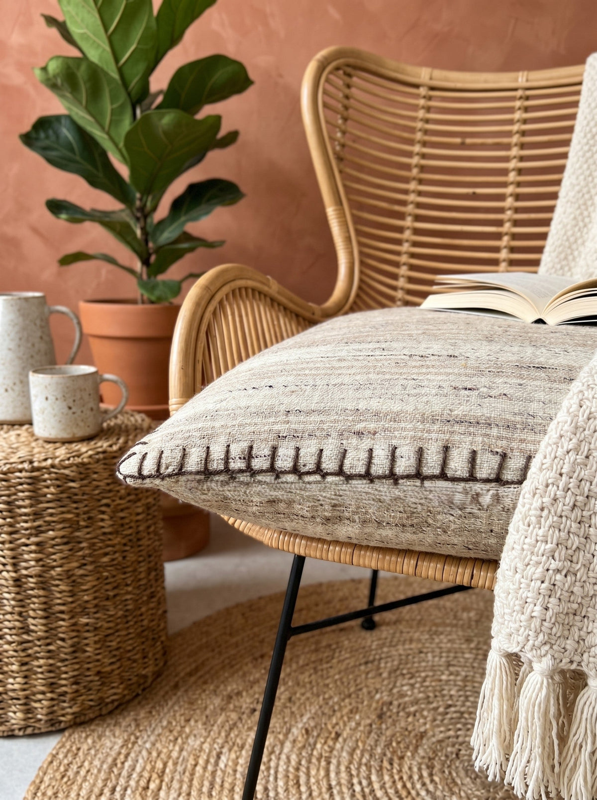 Off White Striped Square Wool Cushion Cover