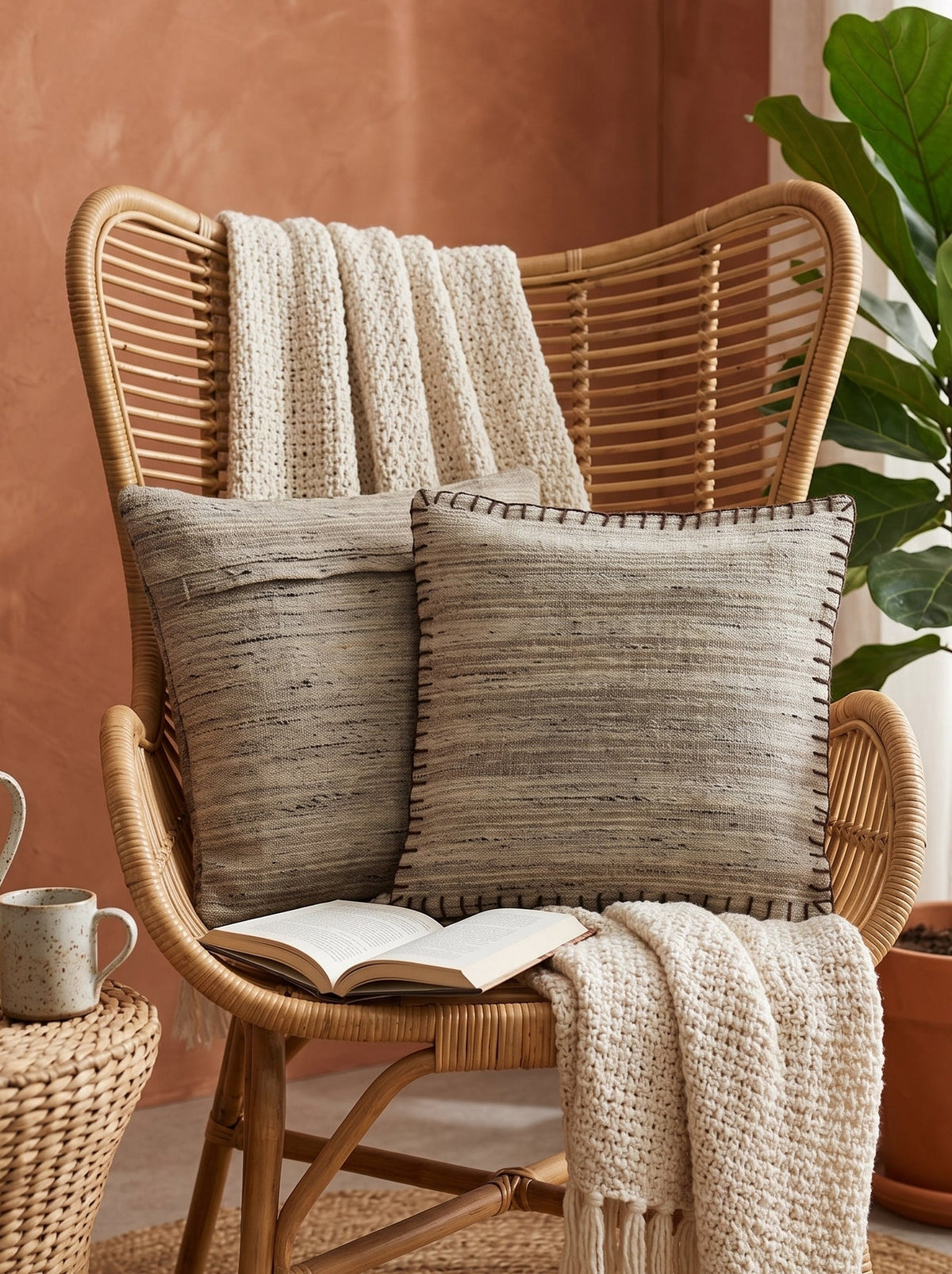 Off White Striped Square Wool Cushion Cover