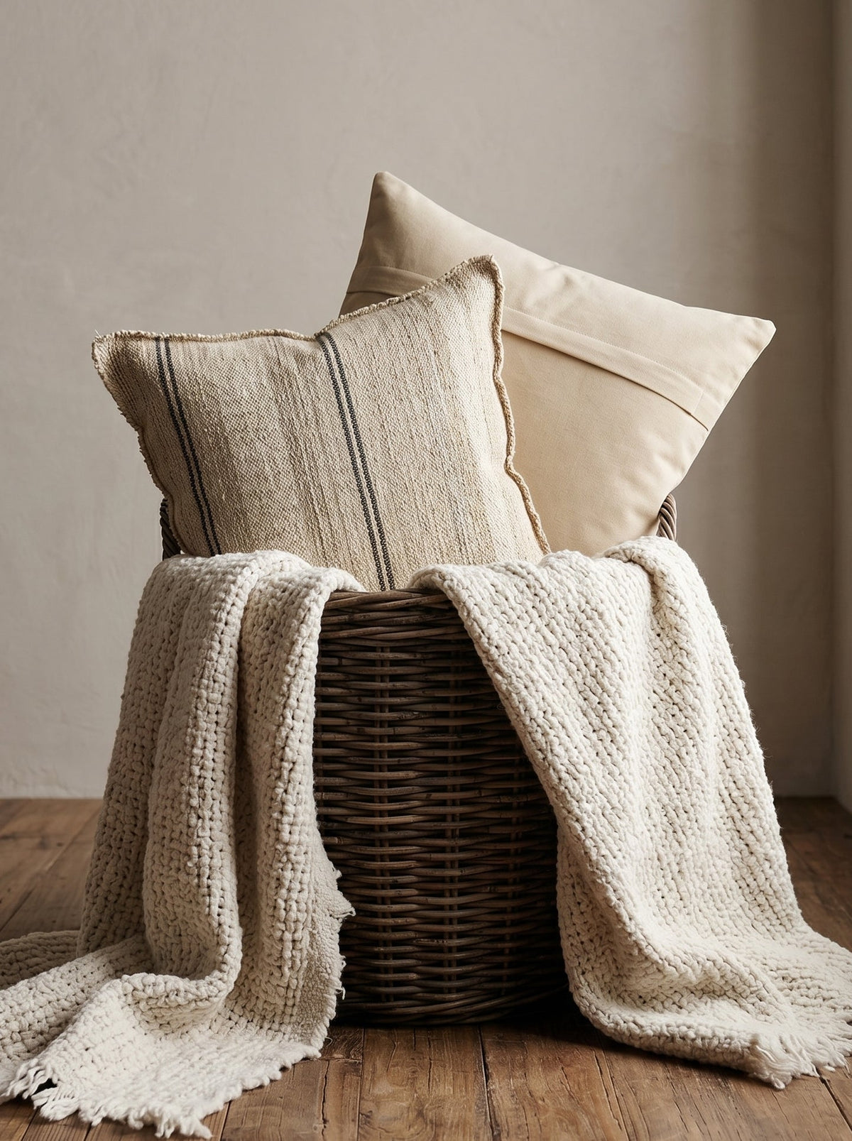 Off White Striped Square Wool Cushion Cover