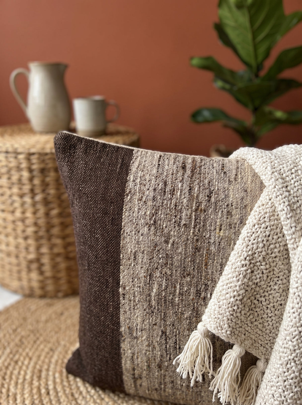 Brown Striped Square Wool Cushion Cover