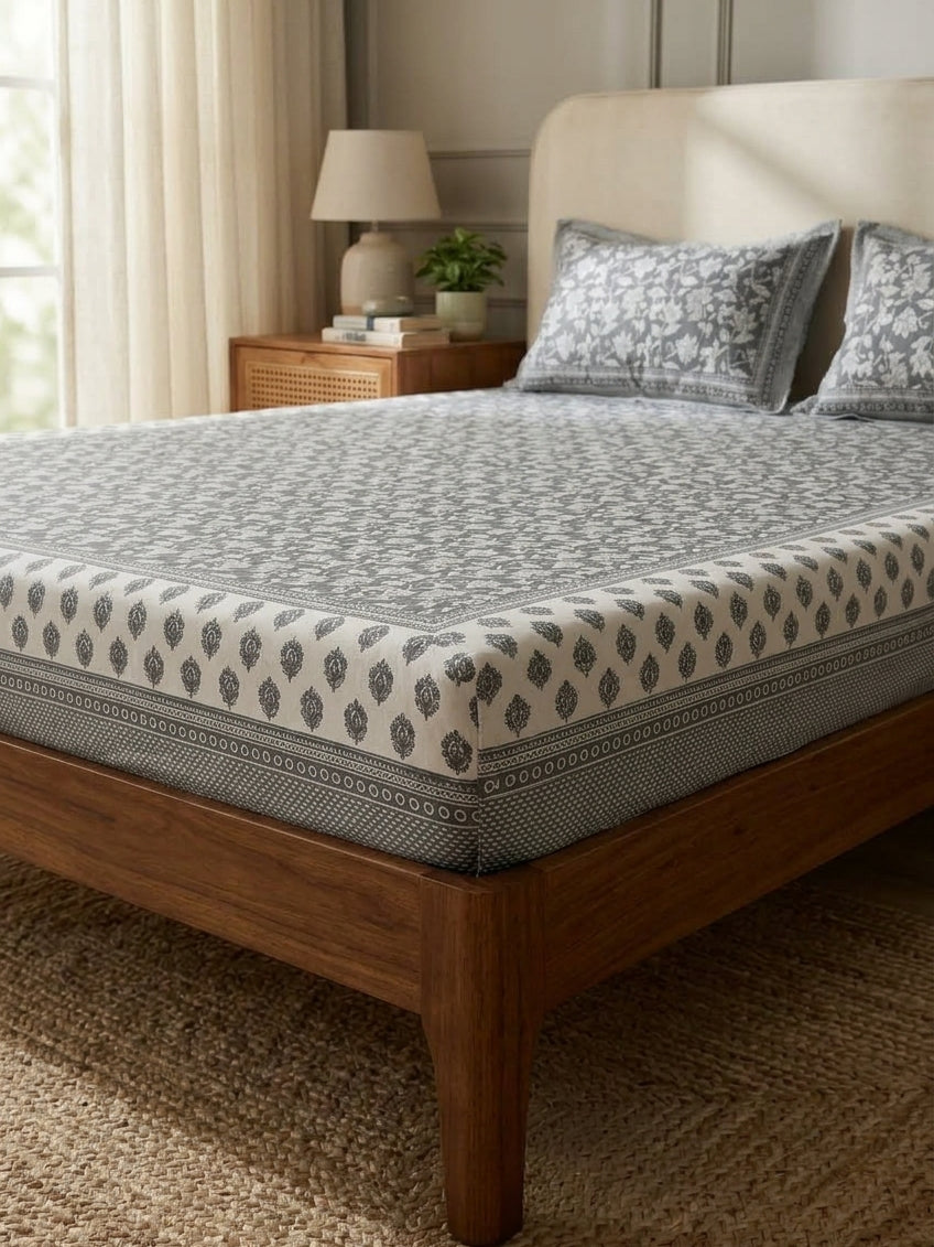 OLIVE HOME Floral Jaal Cotton King Size Fitted Grey Bedsheet Set