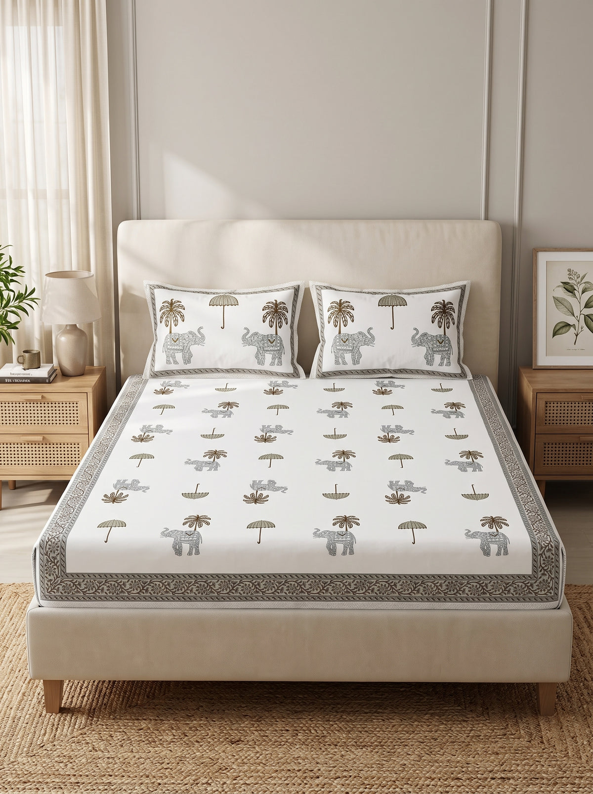 OLIVE HOME White Elephant Palm Tree Cotton King Size Fitted Bedsheet Set