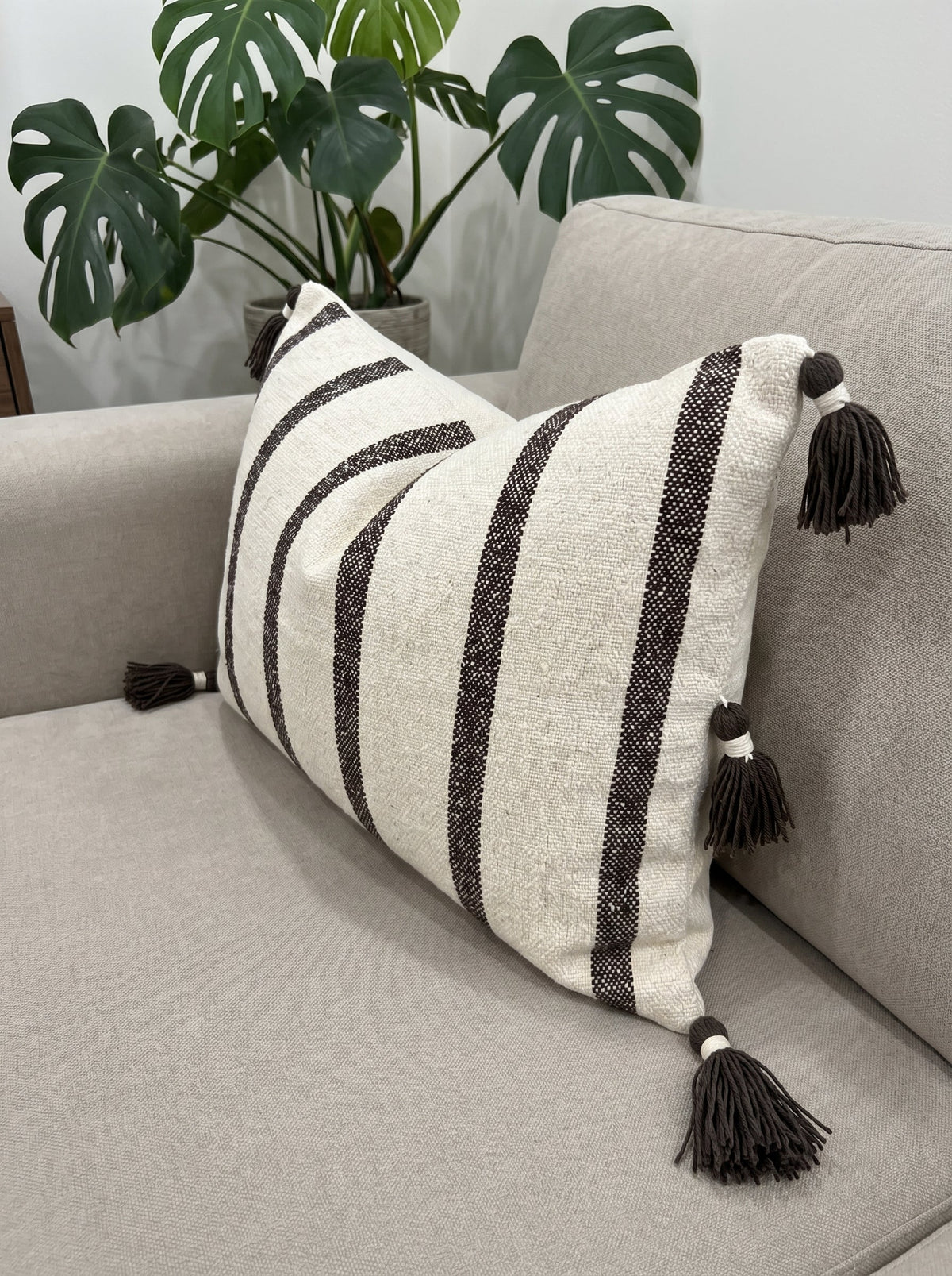 Brown Striped Cotton Rectangle Cushion Cover with Tassel Detailing