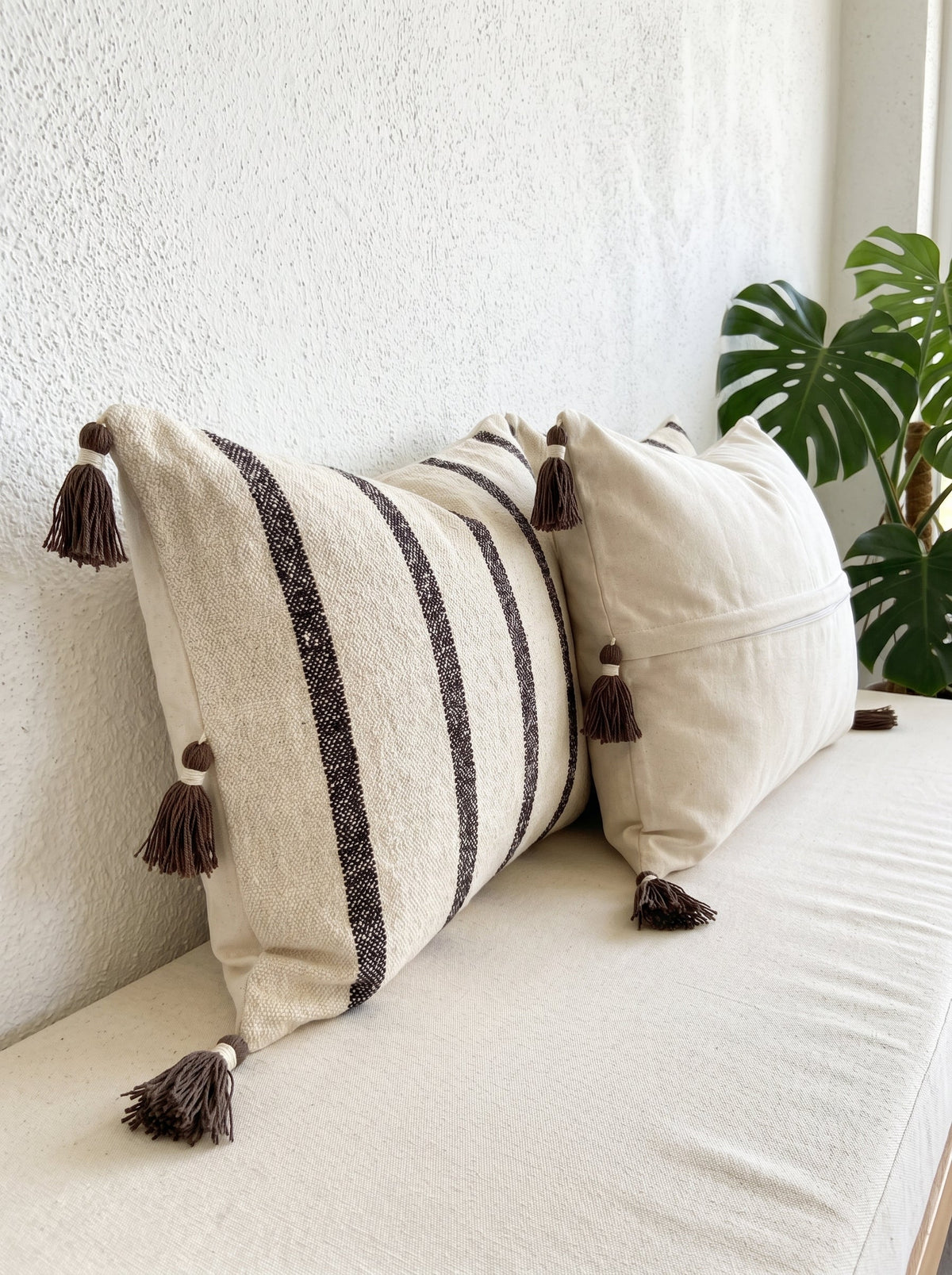 Brown Striped Cotton Rectangle Cushion Cover with Tassel Detailing
