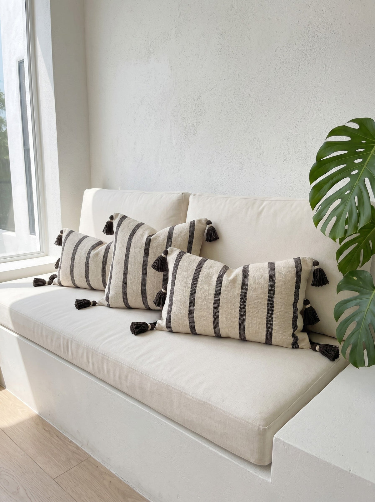 Brown Striped Cotton Rectangle Cushion Cover with Tassel Detailing