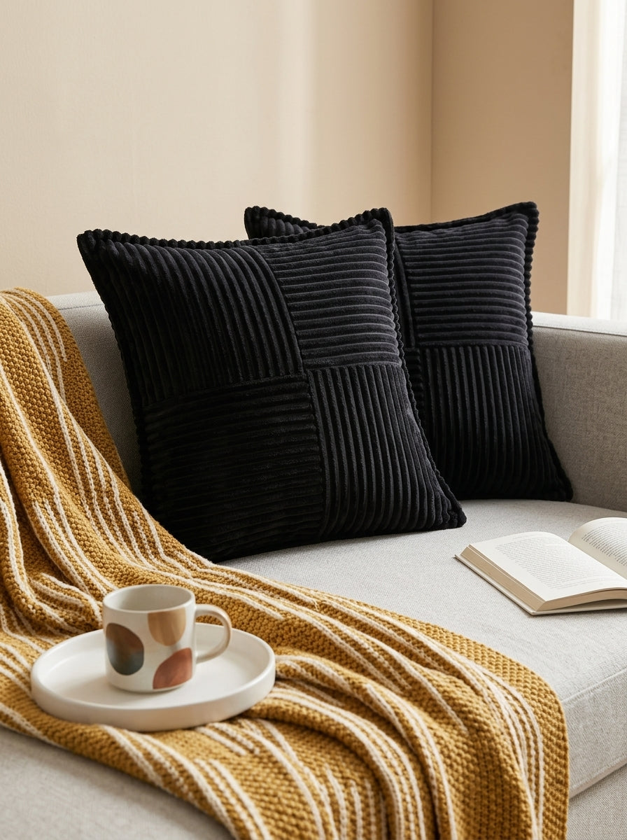 Black Velvet Square Textured Striped Cushion Cover
