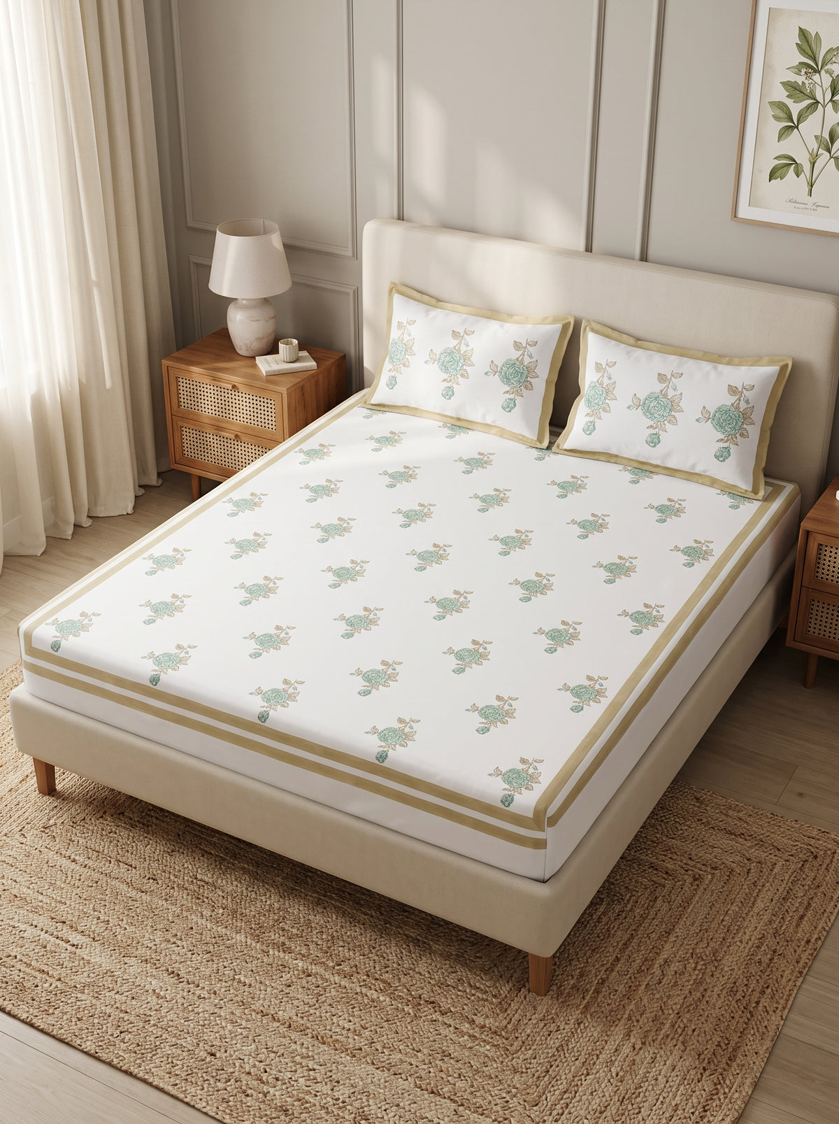 OLIVE HOME White Teal Floral Cotton King Size Fitted Bedsheet Set