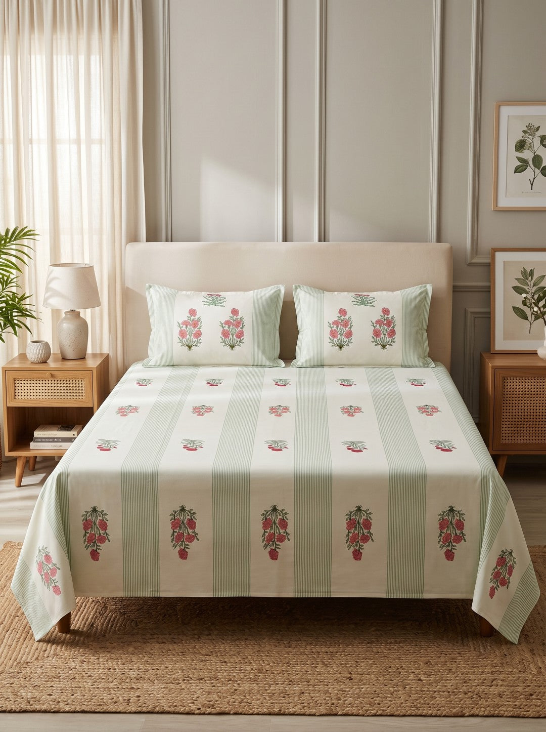 OLIVE HOME Green Striped Pink Floral Buta Cotton King Size Flat Bedsheet Set