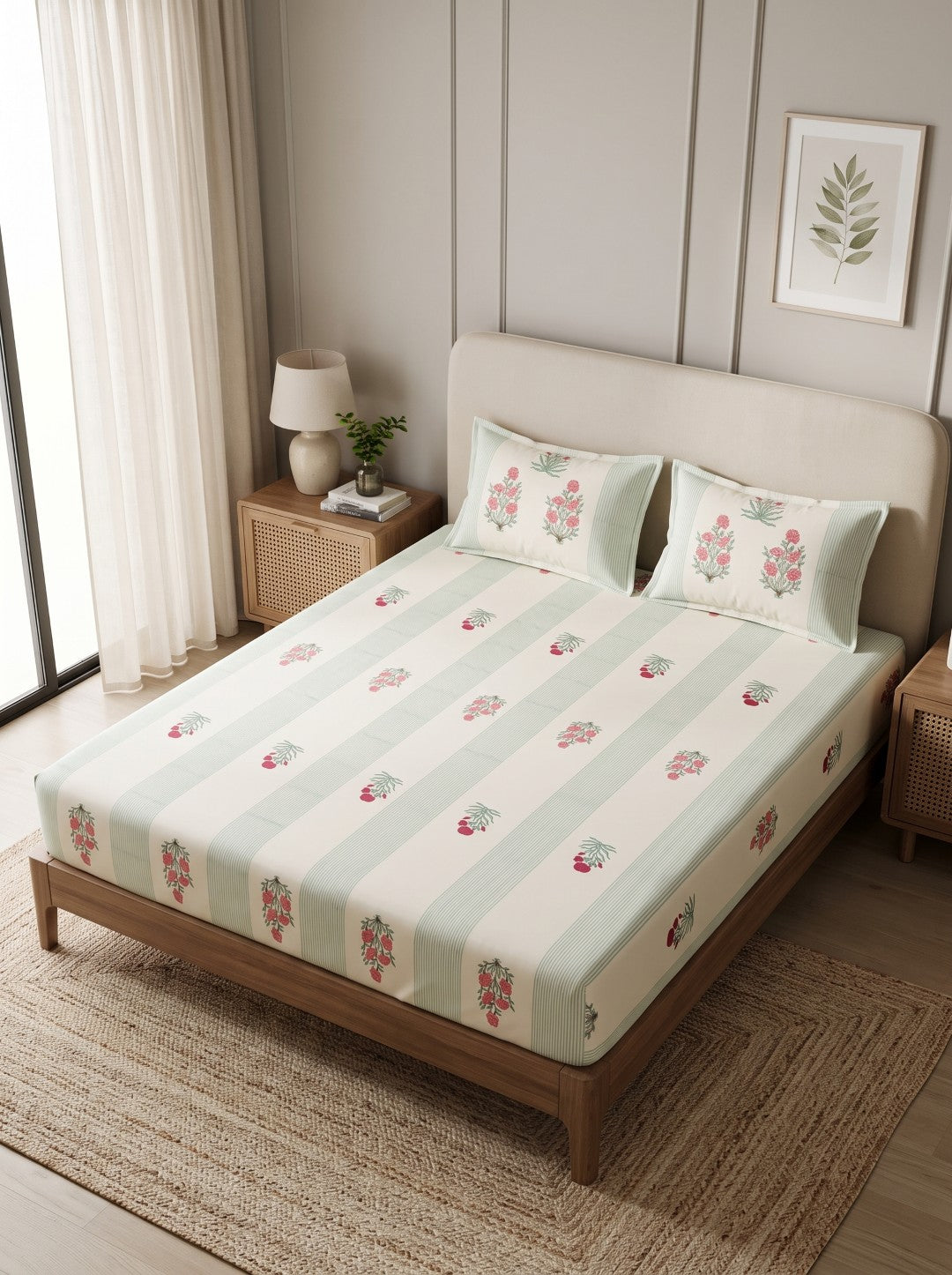 OLIVE HOME Green Striped Pink Floral Buta Cotton King Size Flat Bedsheet Set