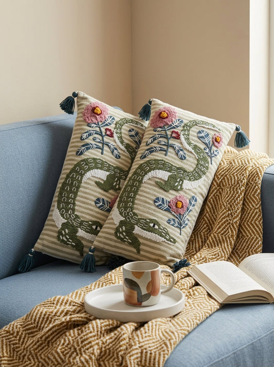 Beige Striped Embroidered Crocodile & Floral Rectangle Cotton Cushion Cover