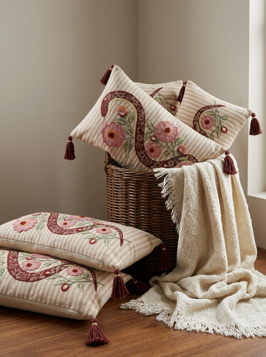 Beige Striped Floral Embroidered Rectangle Cotton Cushion Cover