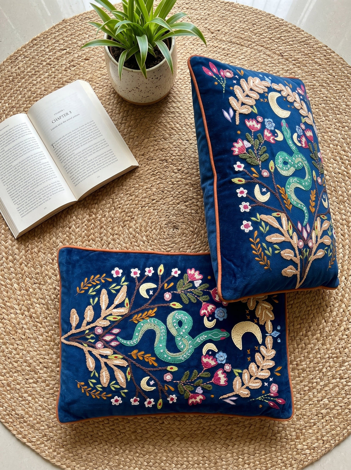 Blue Striped Embroidered Floral Snake Rectangle Cotton Cushion Cover