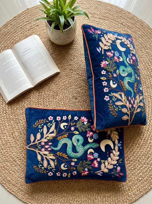Blue Striped Embroidered Floral Snake Rectangle Cotton Cushion Cover