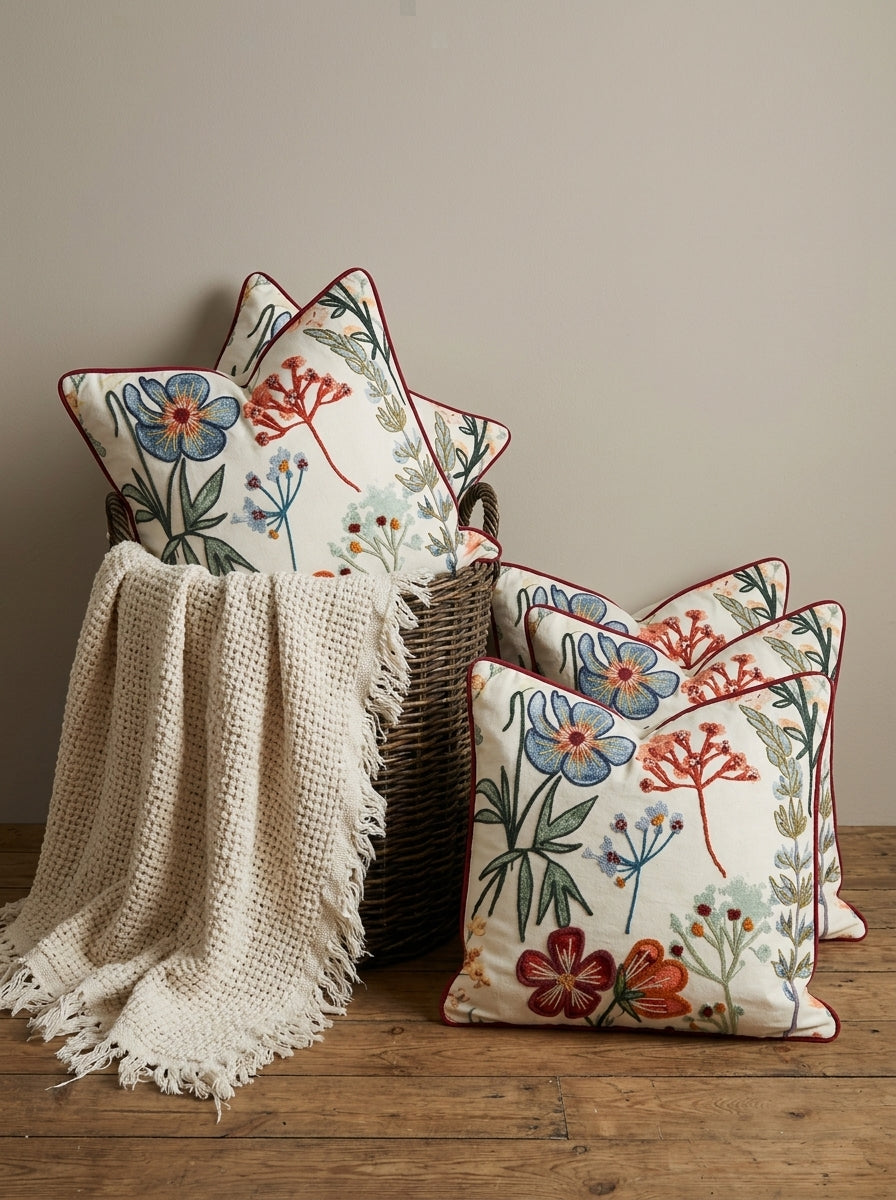 White Floral Embroidered Square Cotton Cushion Cover