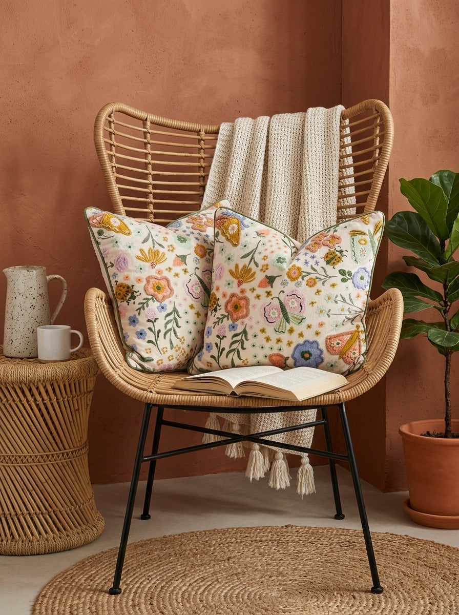 White Floral Printed Square Cotton Cushion Cover