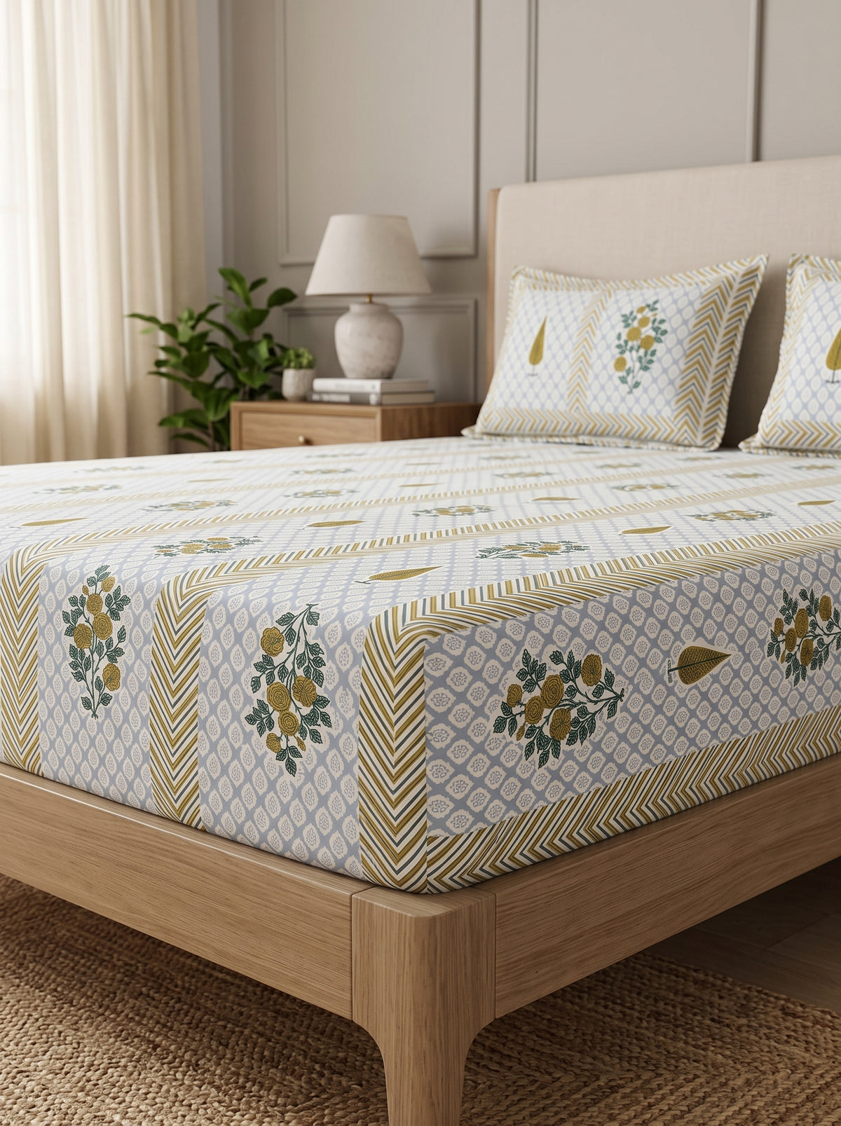 OLIVE HOME Mustard Leaf Floral Buta Striped Cotton King Size Flat Bedsheet Set