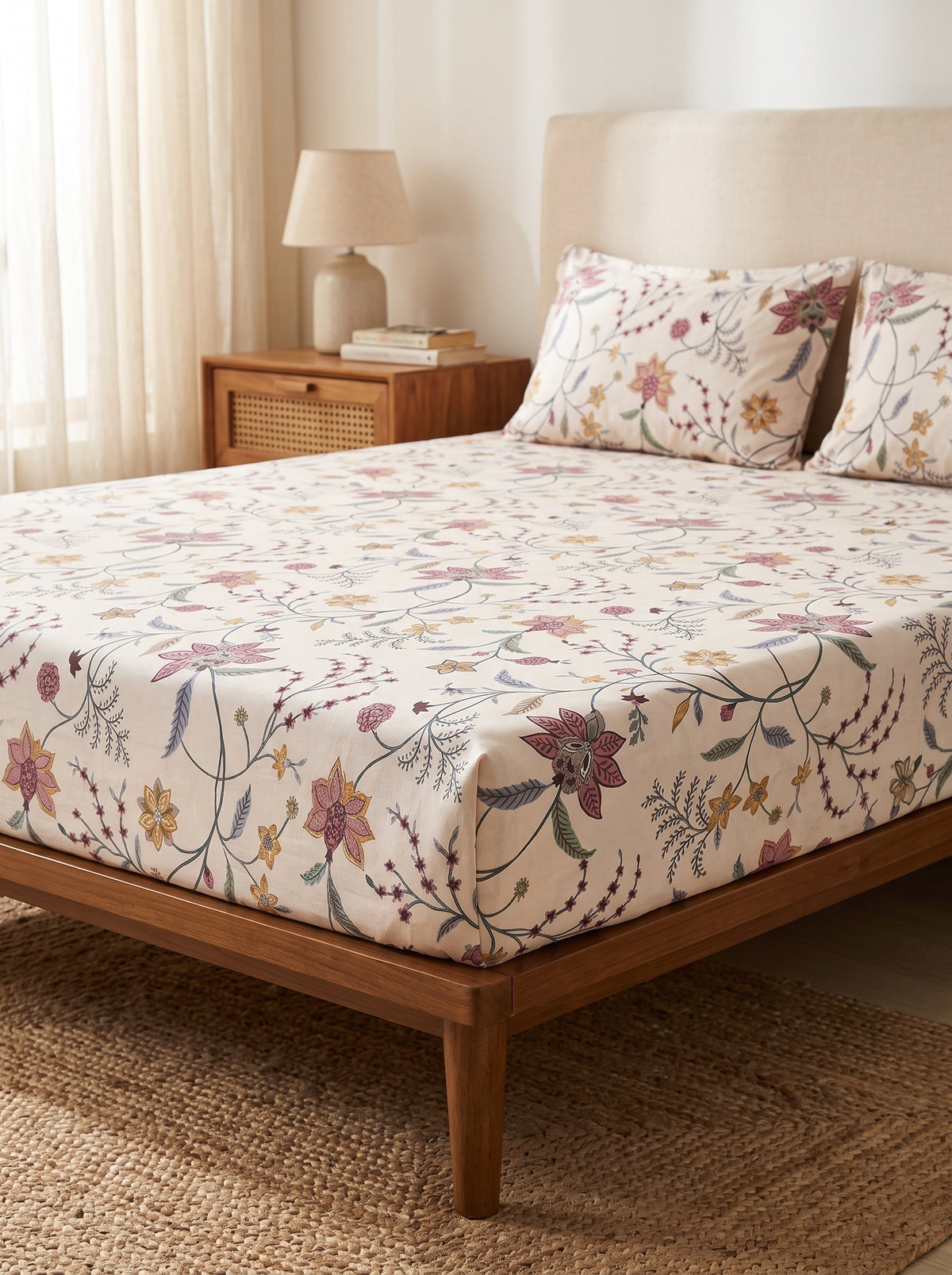 OLIVE HOME Cream Multicolour Floral Vine Cotton King Size Fitted Bedsheet Set