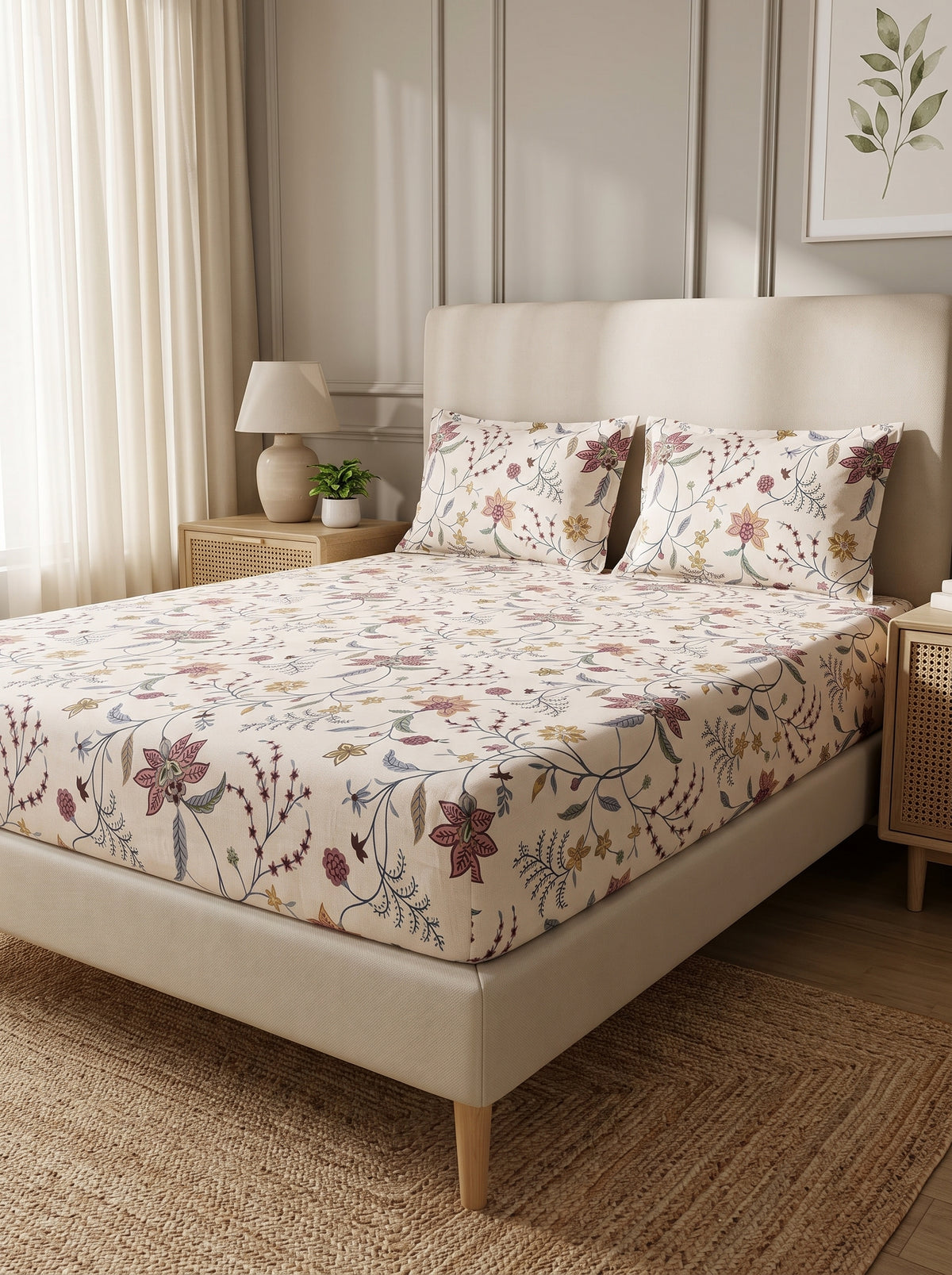 OLIVE HOME Cream Multicolour Floral Vine Cotton King Size Fitted Bedsheet Set