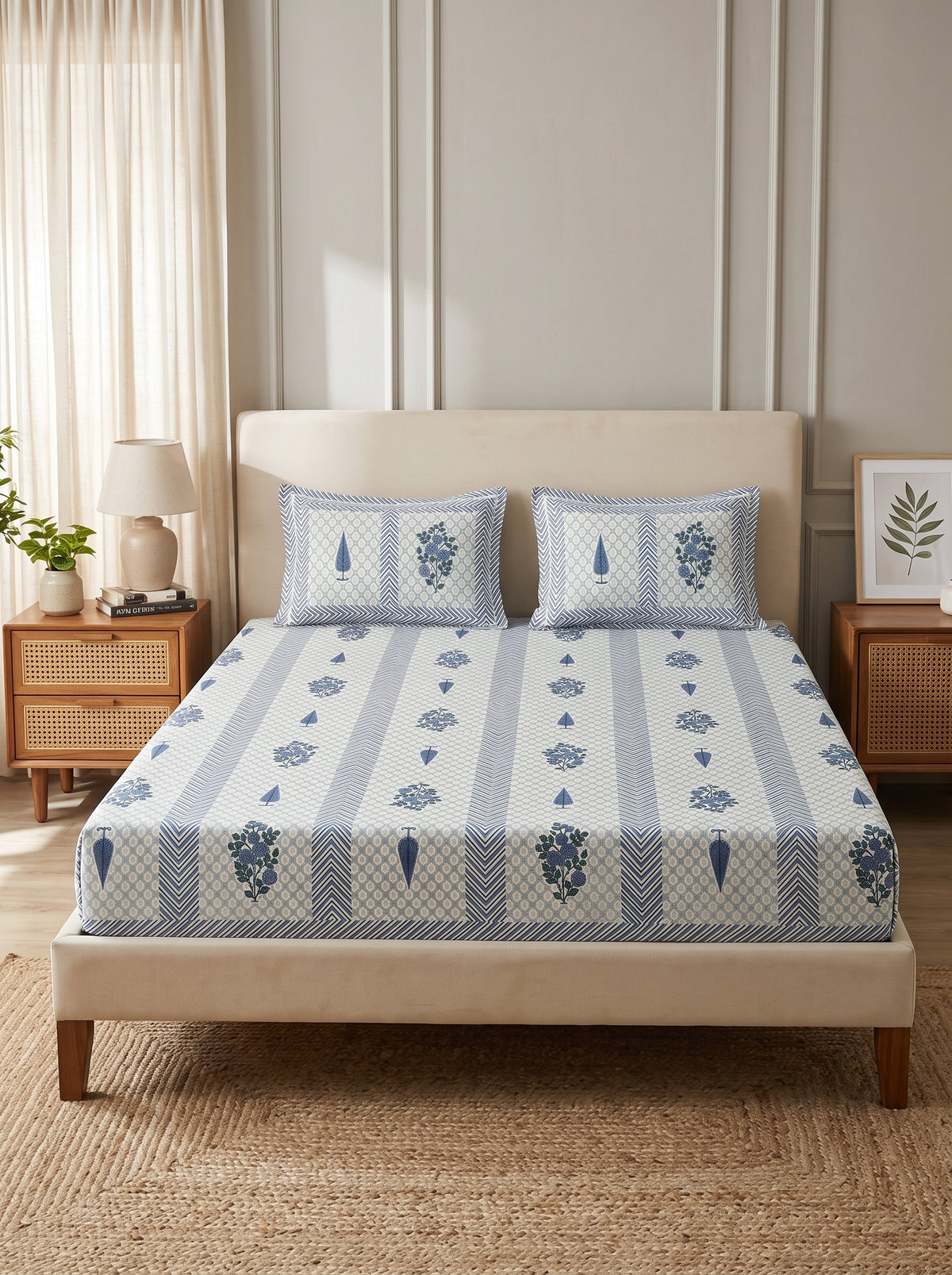 OLIVE HOME White Blue Leaf Floral Buta Striped Cotton King Size Fitted Bedsheet Set