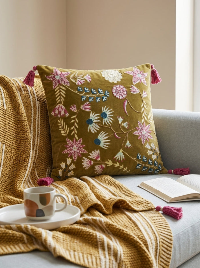 Green Velvet Square Floral Embroidered Cushion Cover With Tassels