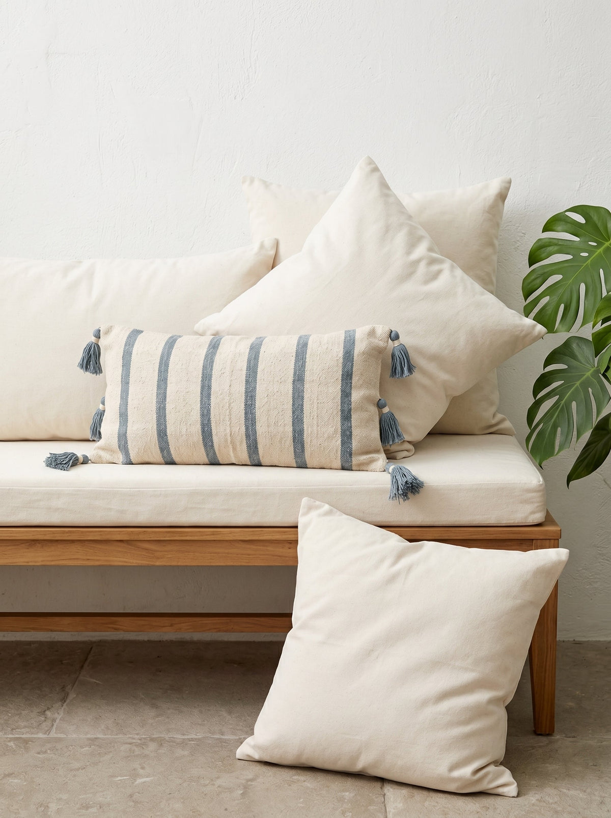 Blue Striped Rectangle Cotton Cushion Cover with Tassel Detailing