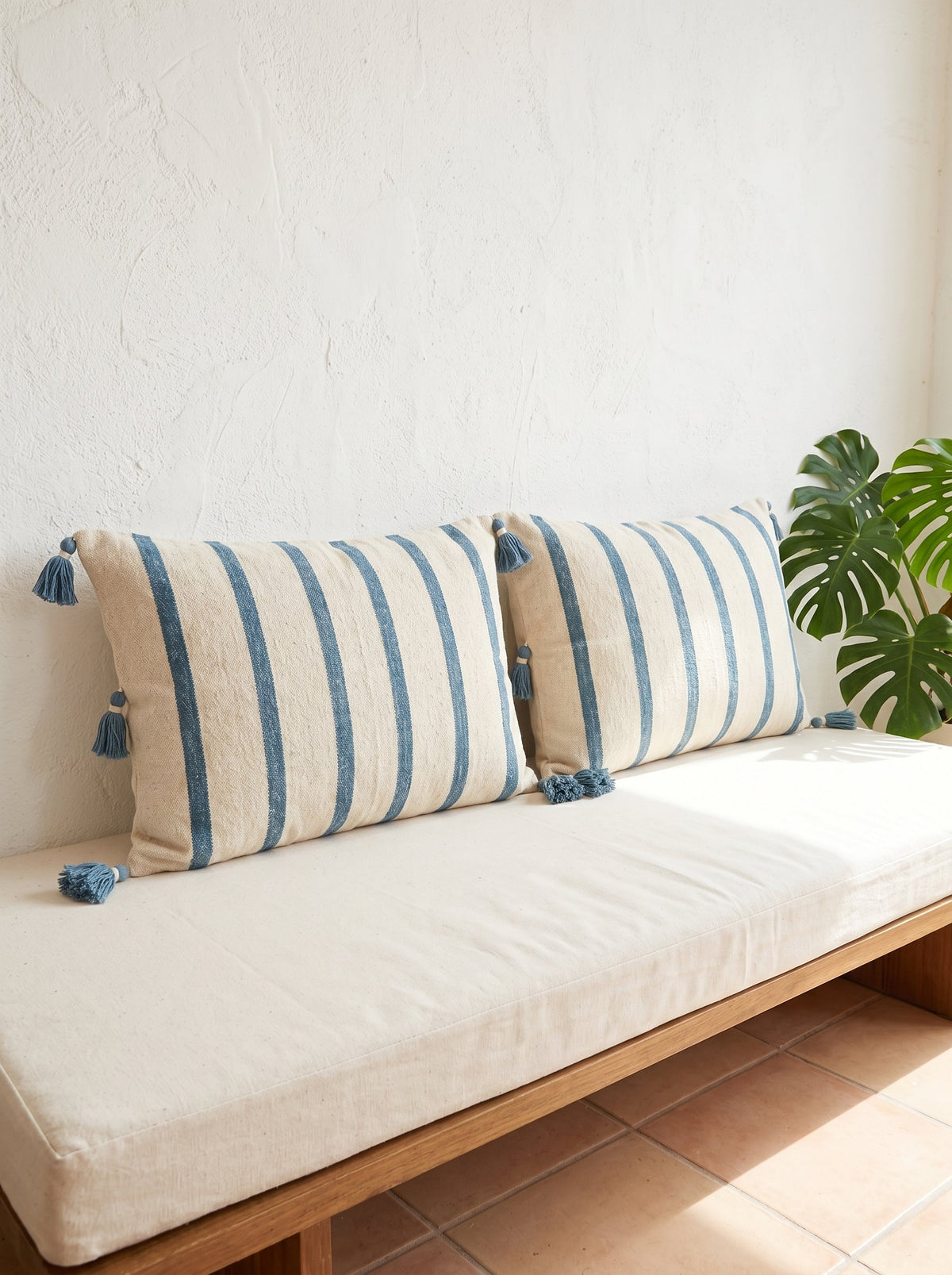Blue Striped Rectangle Cotton Cushion Cover with Tassel Detailing