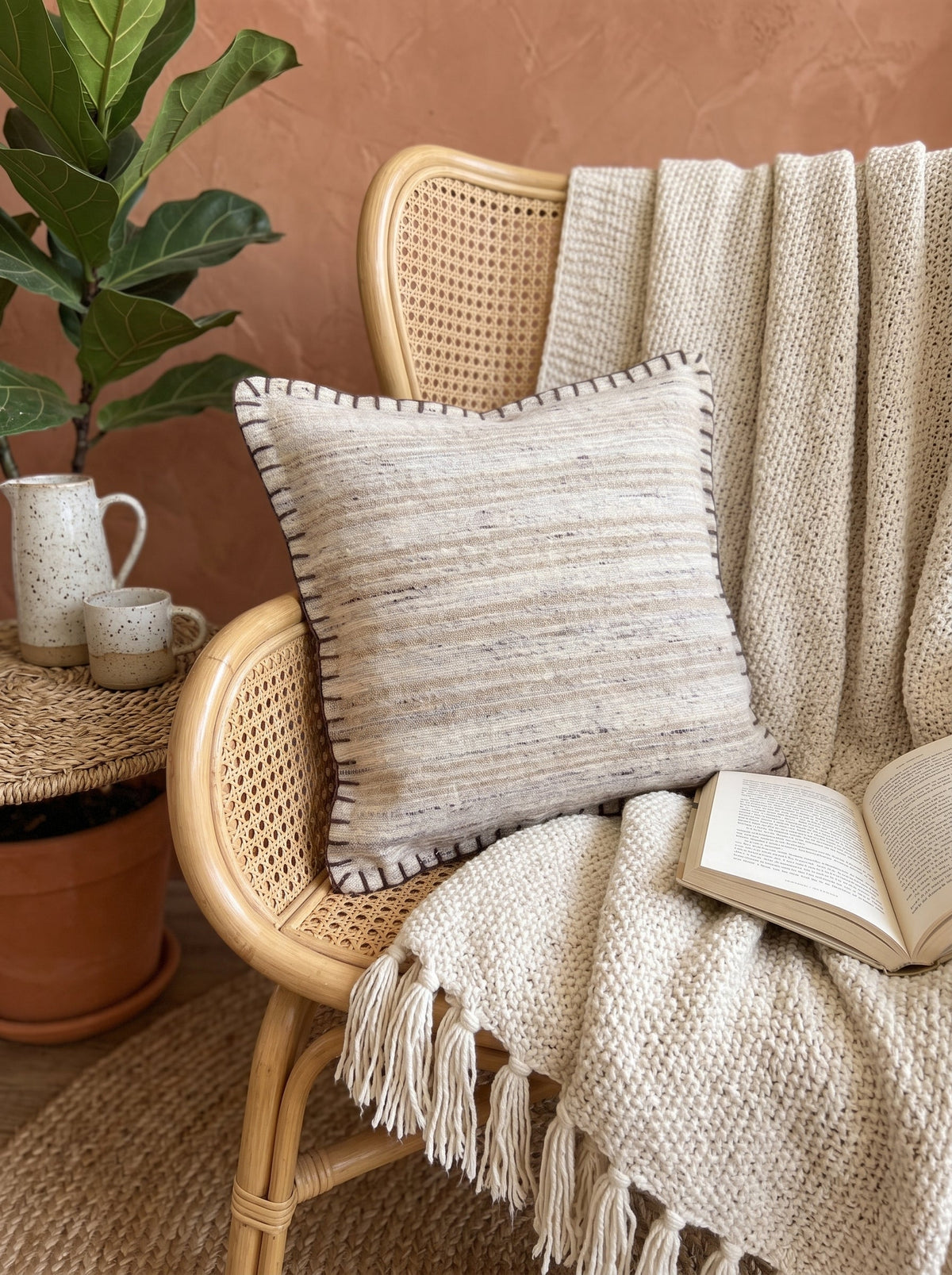 Off White Striped Square Wool Cushion Cover