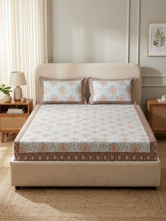 OLIVE HOME Beige Paisley Patchwork Cotton King Size Fitted Bedsheet Set