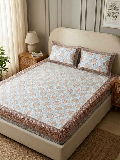 OLIVE HOME Beige Paisley Patchwork Cotton King Size Fitted Bedsheet Set