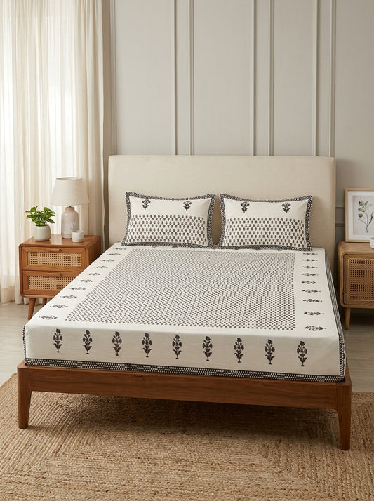 OLIVE HOME White Black Floral Buta Cotton King Size Fitted Bedsheet Set
