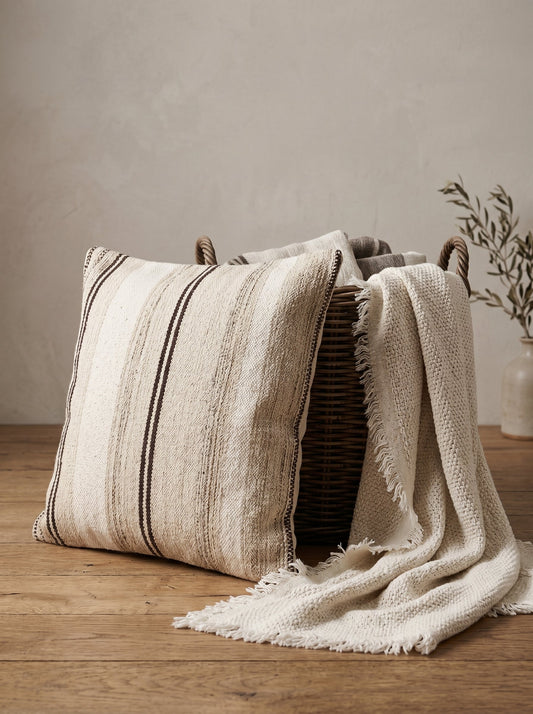 Off White Striped Square Wool Cushion Cover