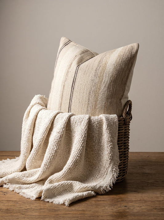 Off White Striped Square Wool Cushion Cover