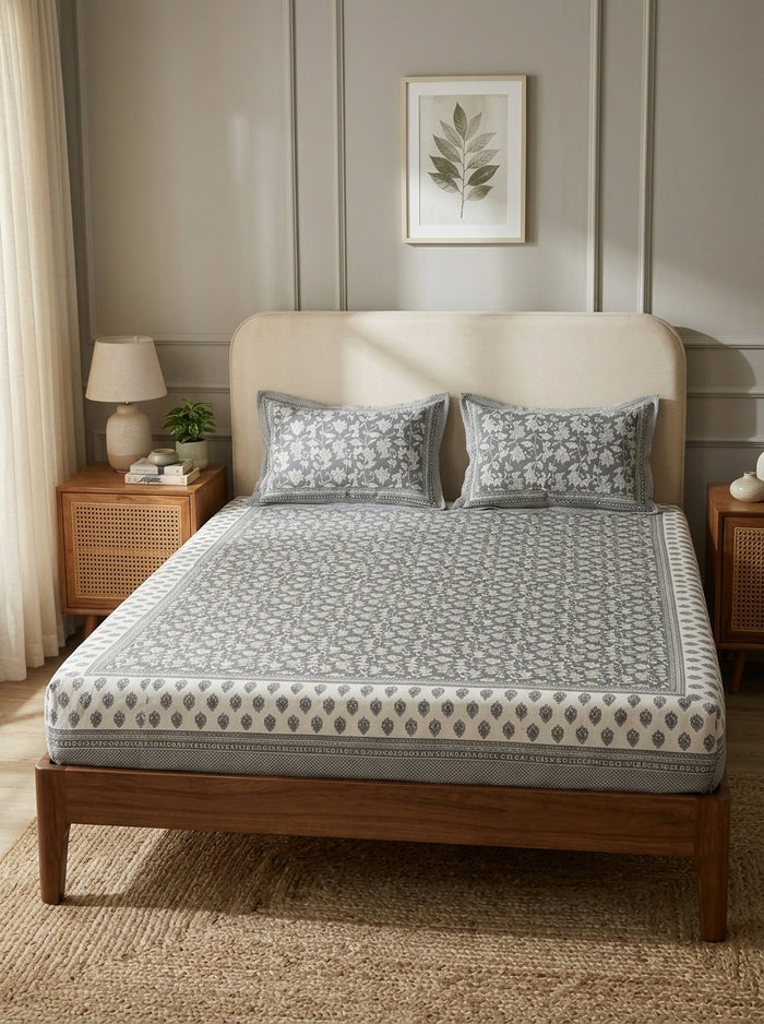 OLIVE HOME Grey Floral Jaal Cotton King Size Fitted Bedsheet Set