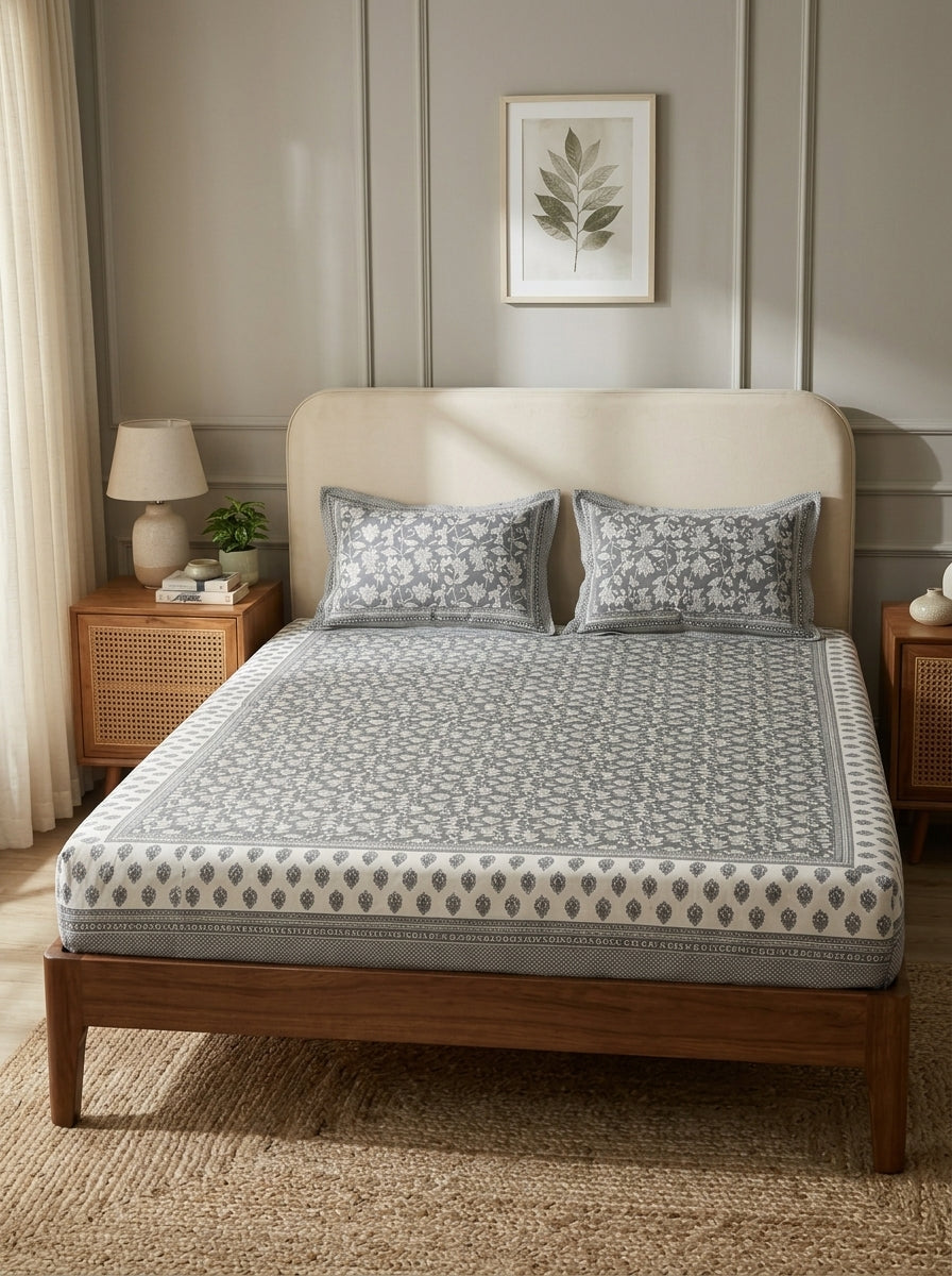 OLIVE HOME  Floral Jaal Cotton King Size Fitted Grey Bedsheet Set