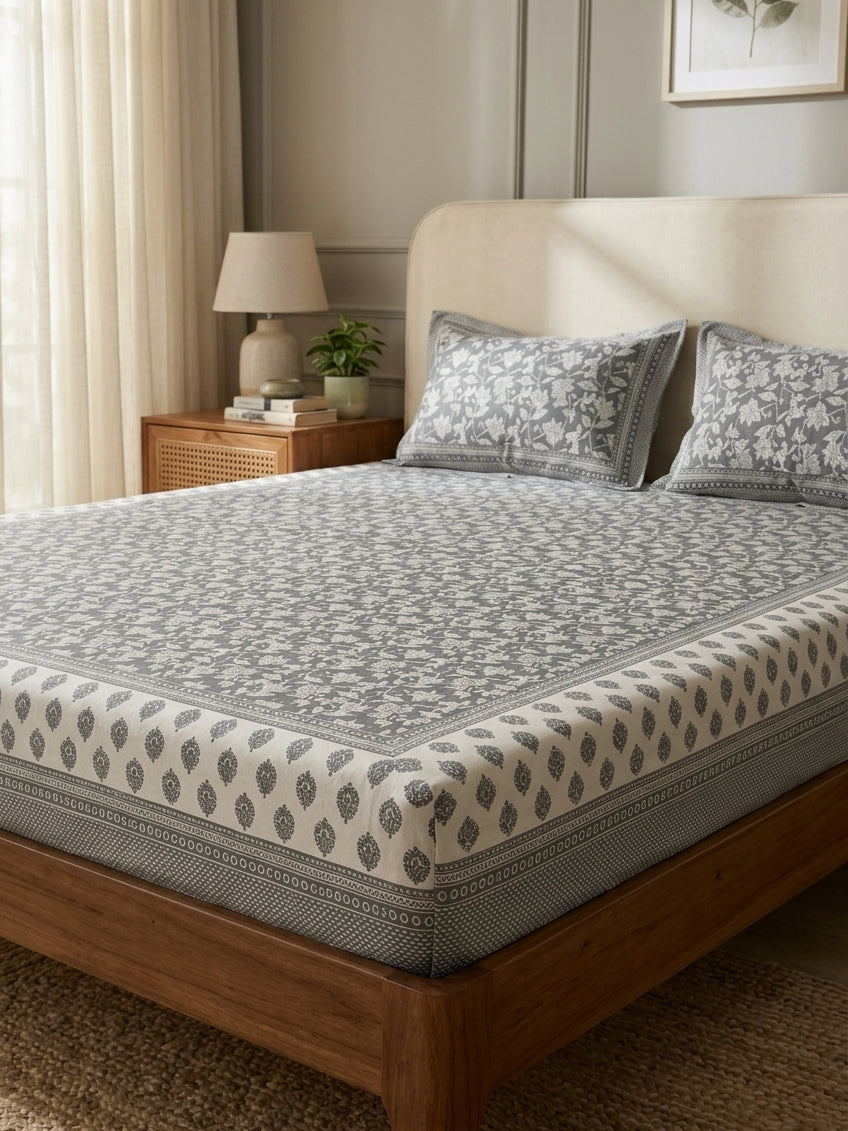 OLIVE HOME Grey Floral Jaal Cotton King Size Fitted Bedsheet Set