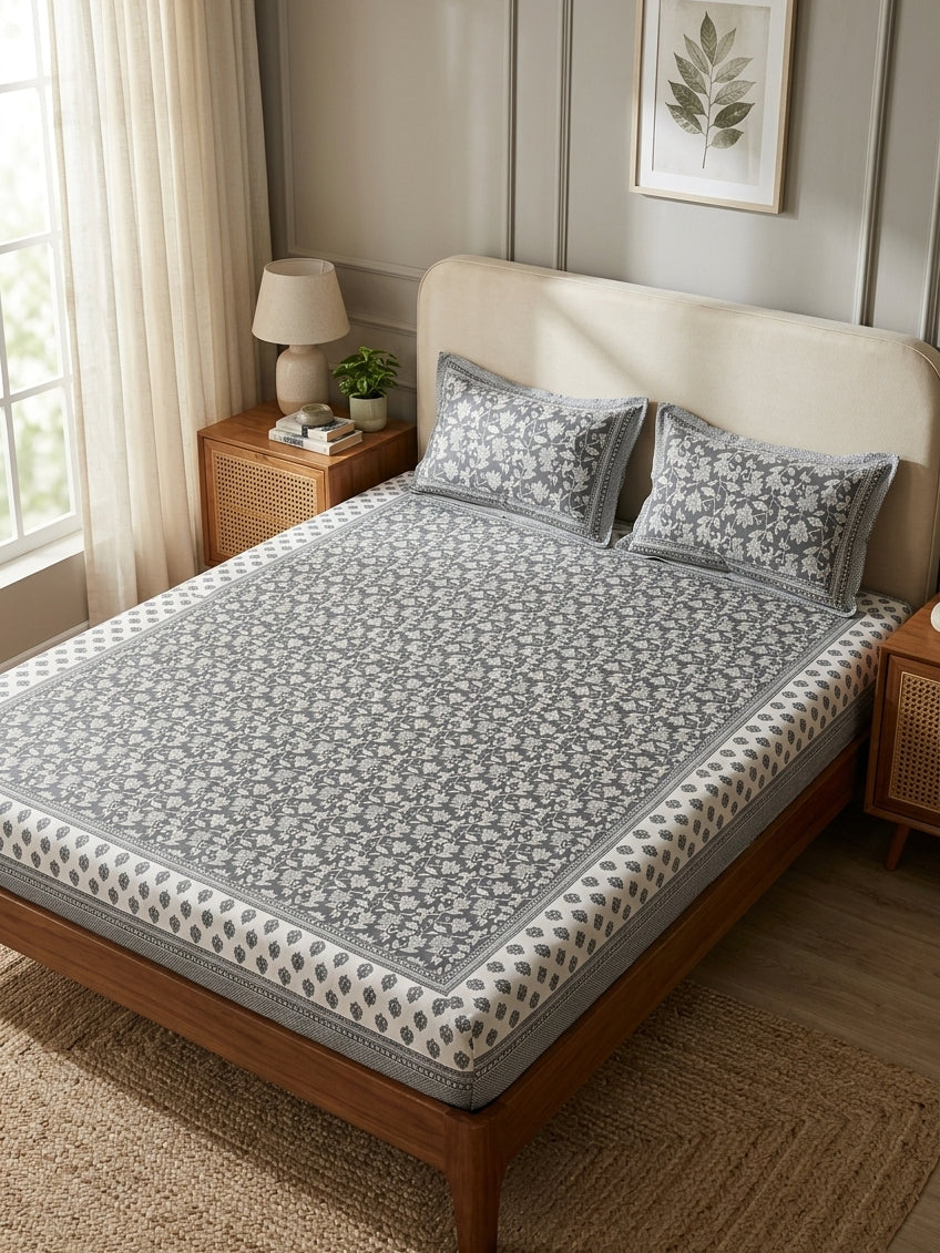 OLIVE HOME Grey Floral Jaal Cotton King Size Fitted Bedsheet Set