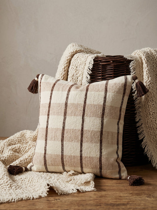 Brown Checked Cotton Square Cushion Cover With Tassel Detailing