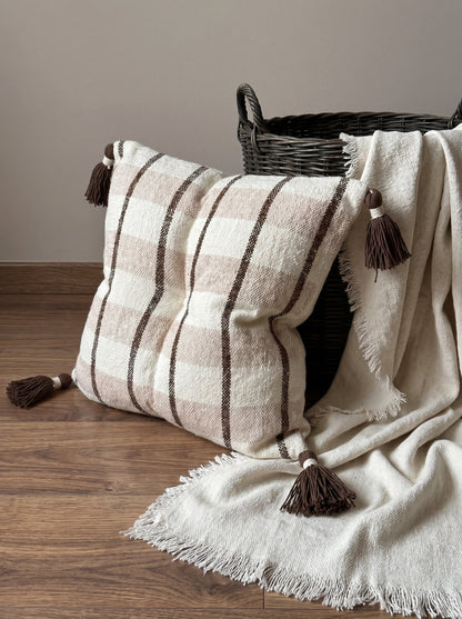 Brown Checked Cotton Square Cushion Cover With Tassel Detailing