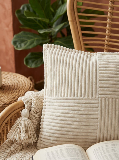 White Velvet Square Textured Striped Cushion Cover