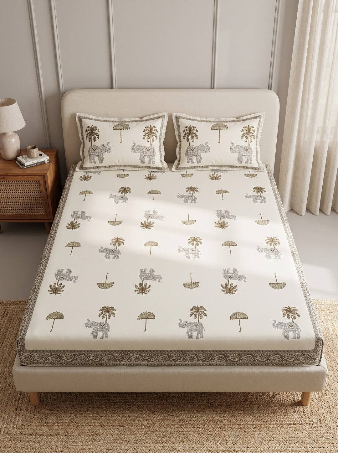 OLIVE HOME  Elephant Palm Tree Cotton King Size Fitted White Bedsheet Set