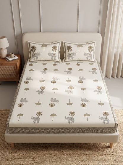 OLIVE HOME  Elephant Palm Tree Cotton King Size Fitted White Bedsheet Set