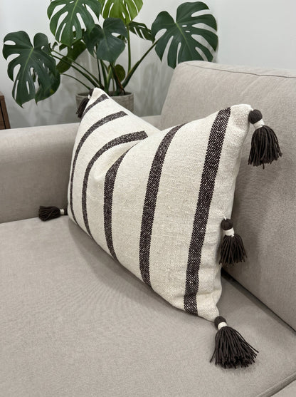 Brown Striped Cotton Rectangle Cushion Cover with Tassel Detailing