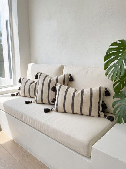Brown Striped Cotton Rectangle Cushion Cover with Tassel Detailing