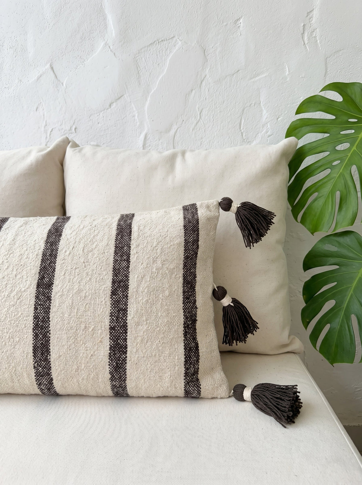 Brown Striped Cotton Rectangle Cushion Cover with Tassel Detailing