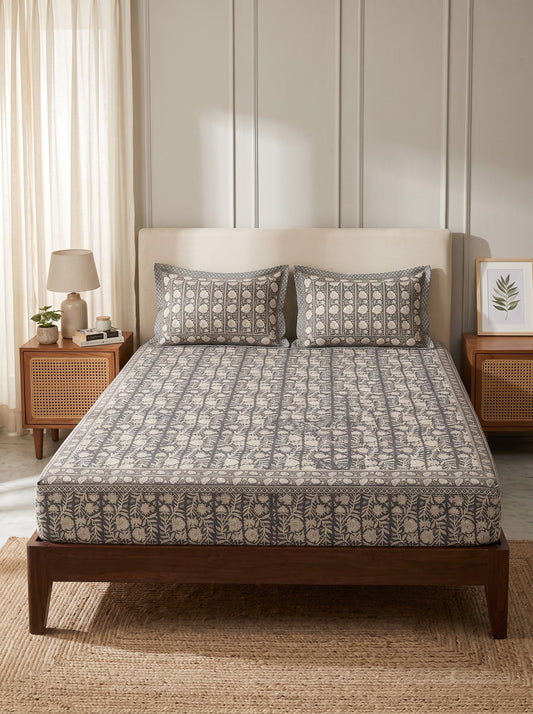 OLIVE HOME Grey Floral Jaal Cotton King Size Flat Bedsheet Set