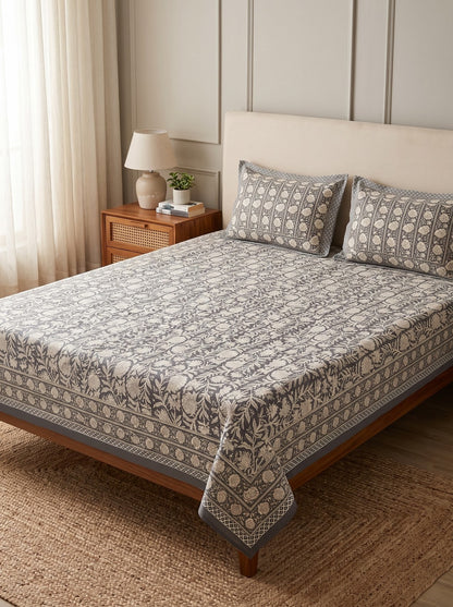 OLIVE HOME Grey Floral Jaal Cotton King Size Flat Bedsheet Set