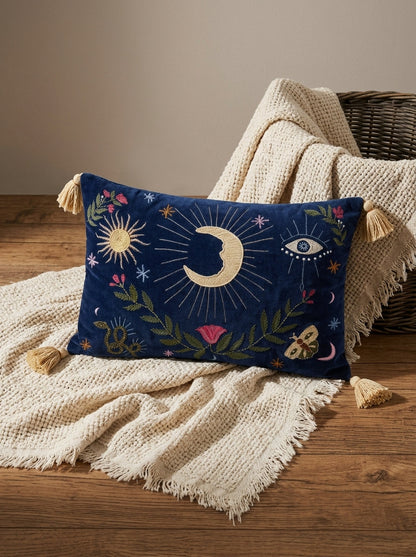 Navy Blue Velvet Rectangle Moon & Sun Embroidered Cushion Cover
