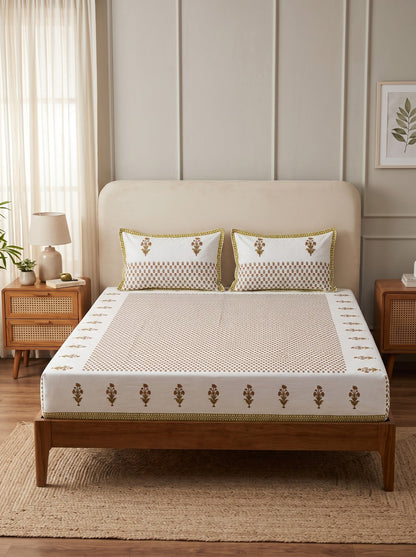 OLIVE HOME White Mustard Floral Buta Cotton King Size Fitted Bedsheet Set