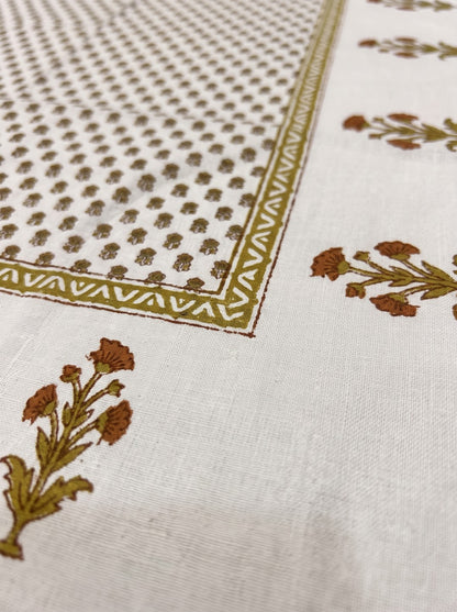 OLIVE HOME White Mustard Floral Buta Cotton King Size Fitted Bedsheet Set